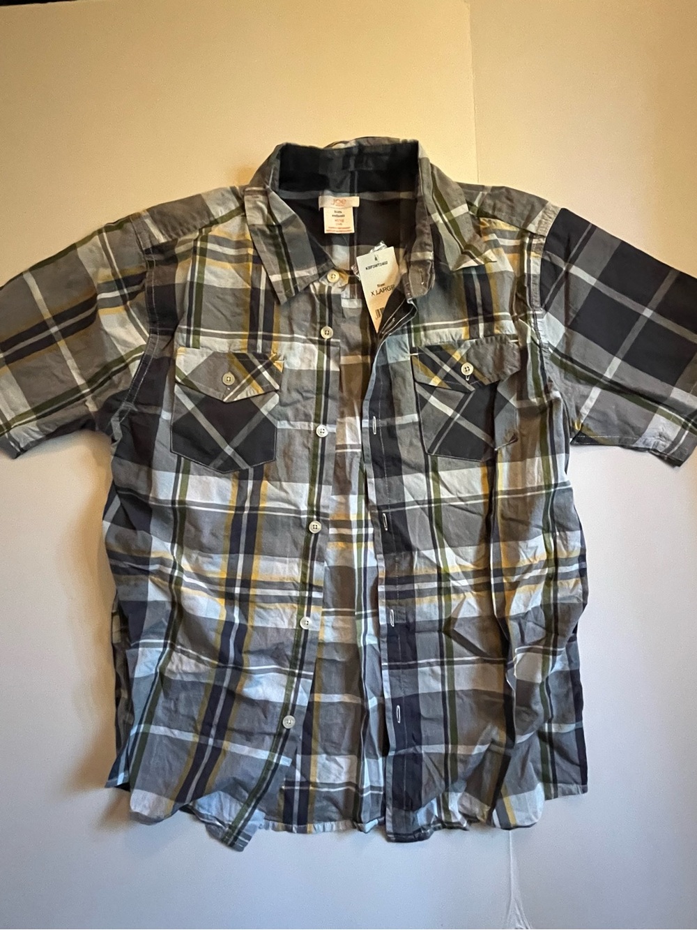 NWT Boys Plaid Short-Sleeve Button-Up Shirt - Gray/Blue/White/Yellow Size XL/14
